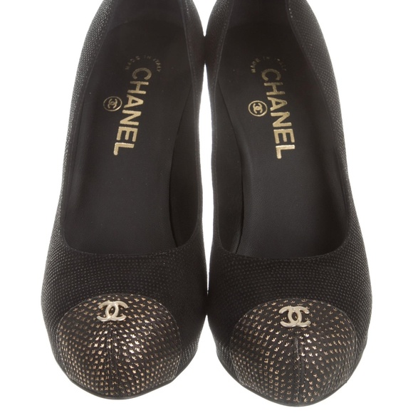Chanel Textured Leather Metallic Gold Toe Pumps - Picture 1 of 8